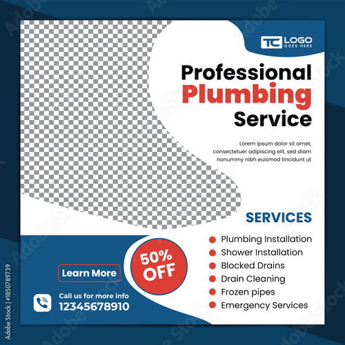 Plumbing service social media post banner template with professional handyman home repair web banner design layout.
