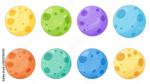 Set of eight colorful textured cratered full moon phases isolated