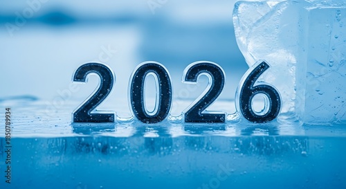 Year 2026 is displayed with dark numbers resting on a frozen icy surface next to a large ice cube