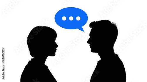 Two silhouetted figures with a chat bubble between them