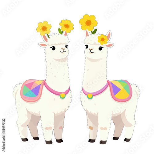 Two cute llamas with colorful saddles and flower crowns