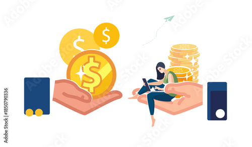 business lady working in laptop, financier, counting gold dollar coins in business hands. Investor invests money, deposit, people, contract, presentation. High paying job, poster. Vector illustration