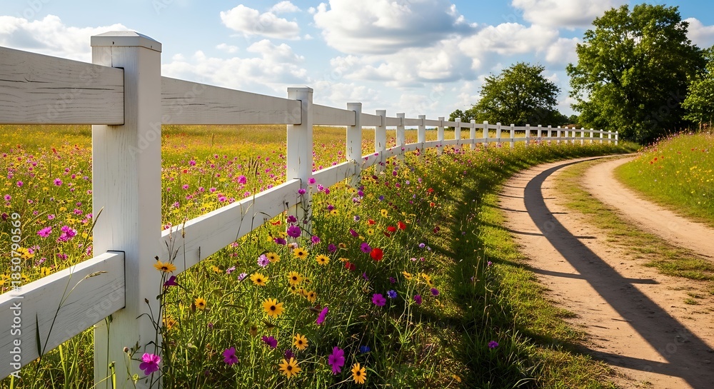 Fototapeta premium Scenic countryside view with white fence and winding road.