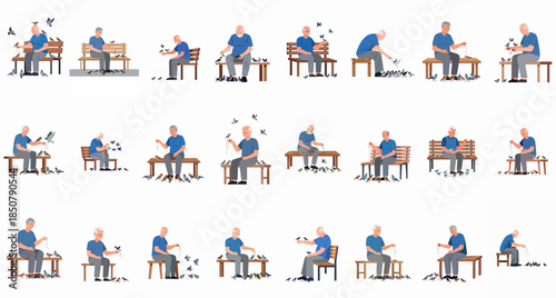 Elderly men feeding birds in a park, a set of flat vector illustrations depicting seniors enjoying wildlife interaction on benches.