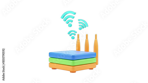 3D Router Broadcasting WiFi Signal on White Background