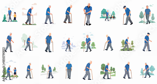 Vector collection of elderly man walking with a cane, showing various movements, poses, and outdoor park scenes focused on senior mobility and lifestyle.