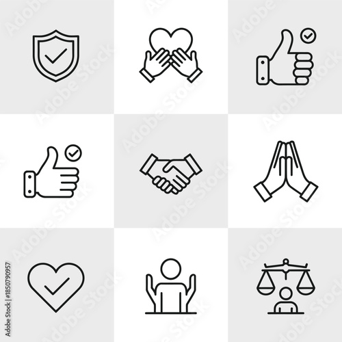 Set of line icons representing core values like trust security agreement acceptance approval charity spirituality human rights and justice concept