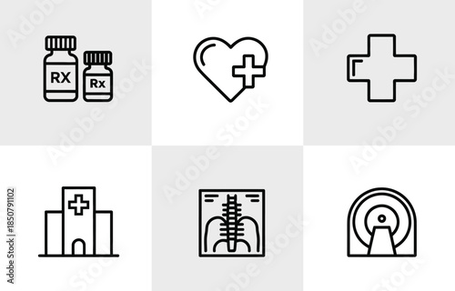 Collection of essential medical healthcare line icons representing prescription drugs heart health emergency services hospital building x-ray and mri scan technology