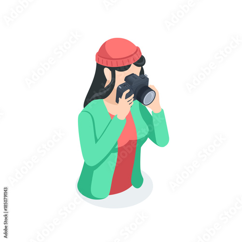 Isometric vector avatar of a woman with a camera, in color on a white background, photography school or professional photographer