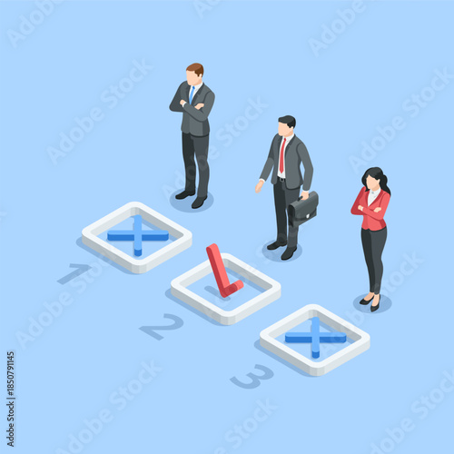 Isometric vector business people and candidate selection field, in color on a blue background, recruitment or choosing the best