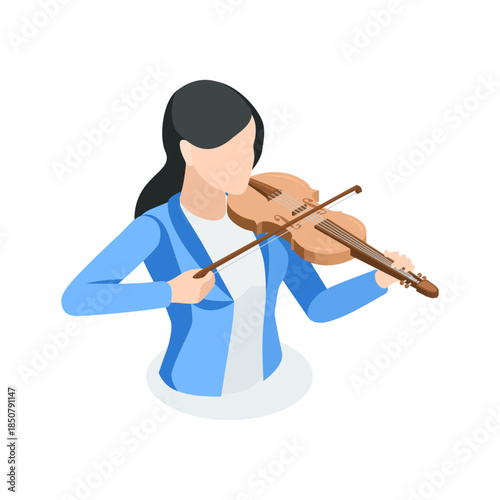 Isometric vector avatar of a woman with a violin, in color on a white background, music school or profession
