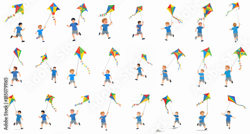 Happy boys running and flying colorful kites set, enjoying outdoor activity and summer fun, isolated vector illustration collection.