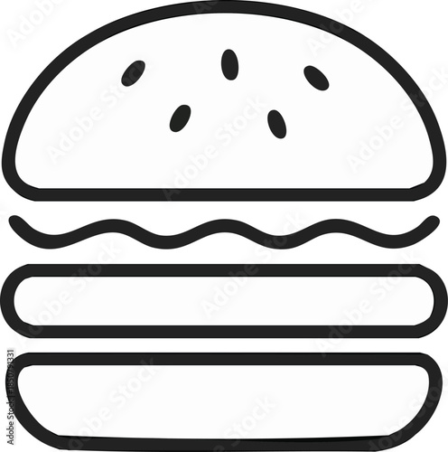 A minimalist black line icon of a hamburger, thin outline,