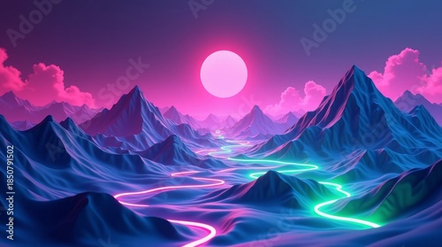 Neon river through purple mountains under pink sun