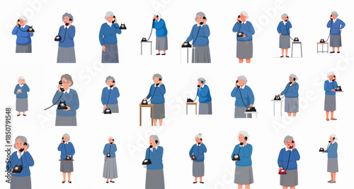 Collection of senior women talking on vintage rotary phones illustration set. Different poses showing elderly communication and retro technology use.
