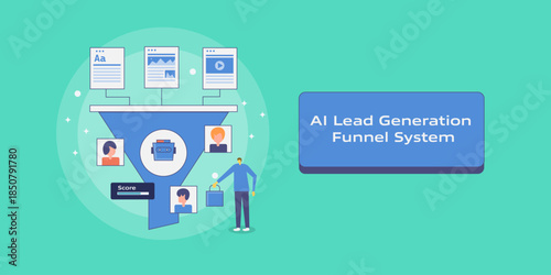 Multi content format ecosystem interconnected with structured sales funnel, AI chatbot manages public communication, algorithm lead scoring and filter high quality leads.