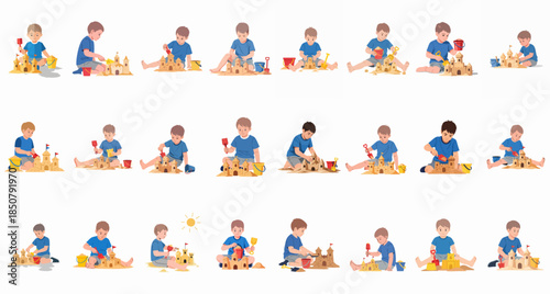 Vector set of young boys building sandcastles on the beach or sandbox, enjoying summer playtime and creative construction activity.
