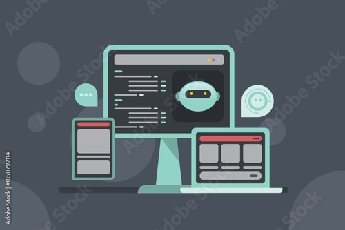 Virtual robot assistant central control element of web based AI coding platform, structured and technical, enterprise grade AI chatbot automation for coders.