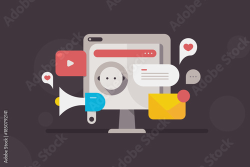 AI robot face embedded with web interface, modular panel showcase key content formats for digital marketing and promotion operations.