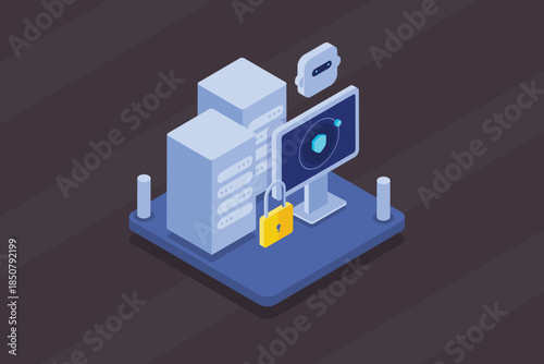 Computer workstation protected by virtual AI bot solution, digital shield and centralized padlock symbolize advance cybersecurity control.