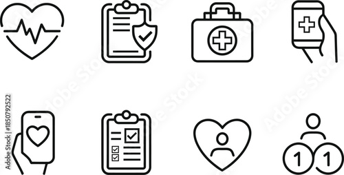 Collection of thin line black and white medical and healthcare icons representing heart health insurance first aid kit mobile apps and patient records