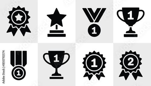 Collection of black and white achievement icons including trophies medals ribbons and first place star award symbols for competition success