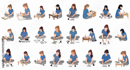 A collection of illustrations featuring diverse young women practicing traditional and modern calligraphy and brush lettering techniques while sitting comfortably on the floor.