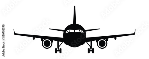 Airplane front view silhouette icon for travel and aviation concepts, isolated on transparent background.
