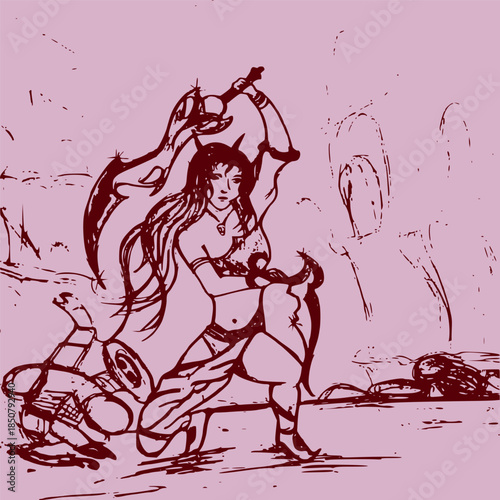 Lady, Fighter, Warrior, Sward, War, Illustration, Cartoon