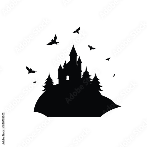 Silhouette of a spooky castle in a dark forest