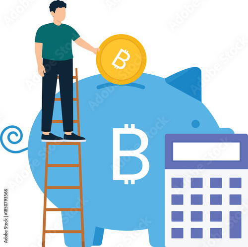 Man saving Bitcoin investment digital currency piggy bank financial planning money management savings account future wealth crypto economy flat design calculator icon