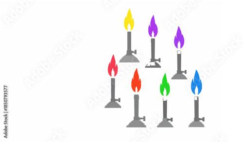 Flame Test Experiment with Colored Bunsen Burner Flames Flat Vector Illustration