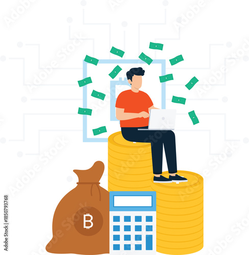 Man working digital finance crypto earnings passive income gold coins money bag online business financial success wealth generation using laptop