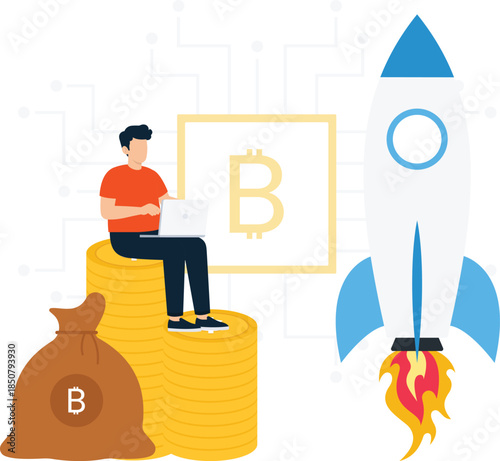 Cryptocurrency trading man sitting on gold coins using laptop for Bitcoin investment rapid success financial growth startup launch modern technology money management rocket ship flat design
