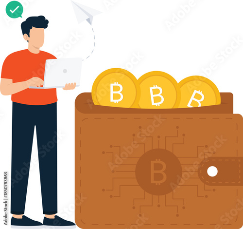 Young man holding laptop managing Bitcoin wallet digital currency crypto trading financial technology secure transaction modern finance online payment