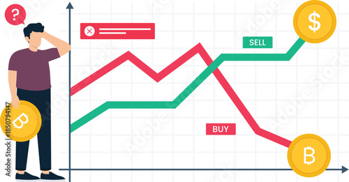 cryptocurrency trading, financial analysis, bitcoin investment, market volatility, stock chart, investment decision, confused man, buy sell, digital currency, economic uncertainty