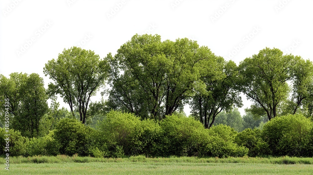 Fototapeta premium Vibrant green trees and bushes form a natural border over a grassy field on a white background