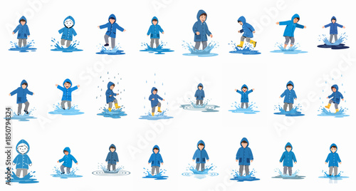 Collection of happy children wearing blue raincoats and playing joyfully by jumping and splashing in water puddles on a rainy day.