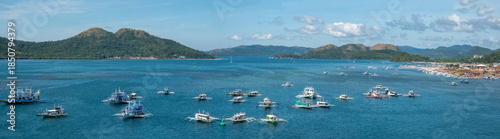 Fotografi Traditional outrigger fishing and tourists boats in the harbor of Coron, Palawan