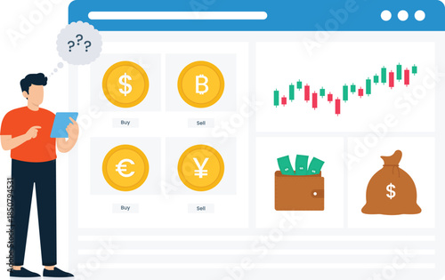 financial trading, investment decision, confused investor, online platform, stock market, cryptocurrency exchange, candlestick chart, digital finance, bitcoin symbol, dollar sign, money bag, currency 