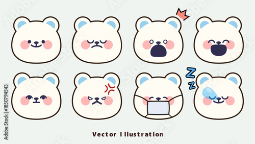 A collection of adorable polar bear character faces with different moods, designed as simple flat vector icons for UI and messaging use.