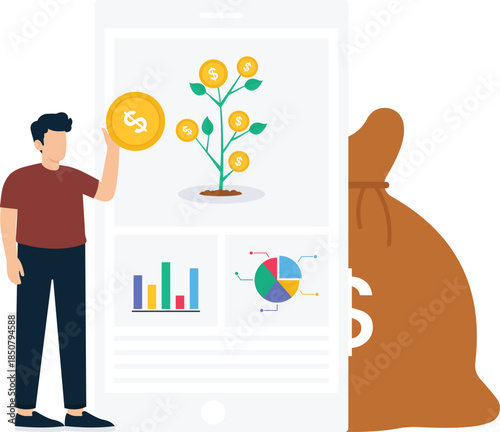 Businessman holding coin, financial growth, investment strategy, mobile banking, data analysis, money management, digital finance, wealth accumulation, business success, earning money