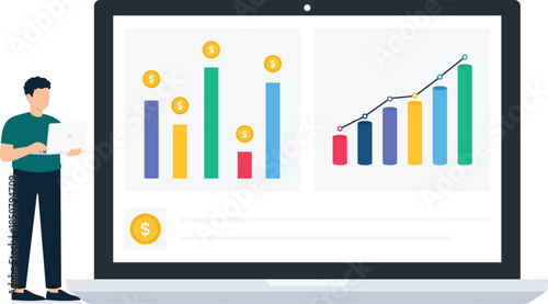 Male worker analyzing financial data on laptop screen showing market growth bar chart line graph digital reporting dollar currency economic success.
