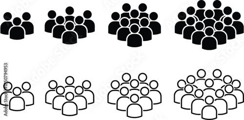 People group icons in solid and outline styles, showing small to large crowds, modern vector set for teamwork, community, audience and social network concepts