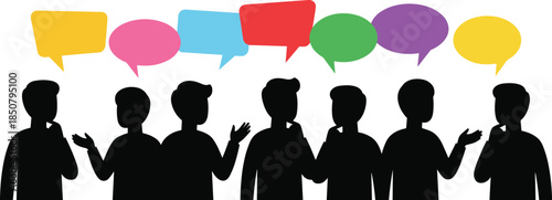 People silhouettes communicating with colorful speech bubbles, conversation and discussion concept, modern vector illustration for communication, teamwork and social interaction themes