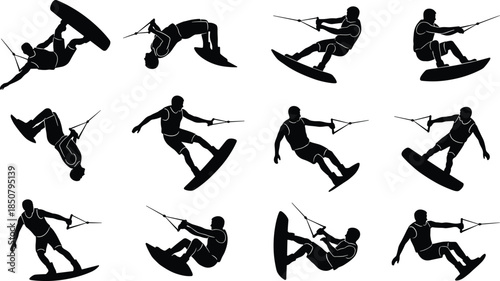 Silhouette set of wakeboarder performing aerial tricks and dynamic water sports actions isolated on white background for design use