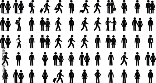 People pictogram icons showing men and women in various actions and interactions, walking, working and standing, clean vector set for signage and infographic design