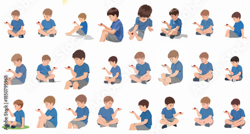 Young boy characters in various sitting poses observing a ladybug on their hand, vector set for childhood and nature themes.