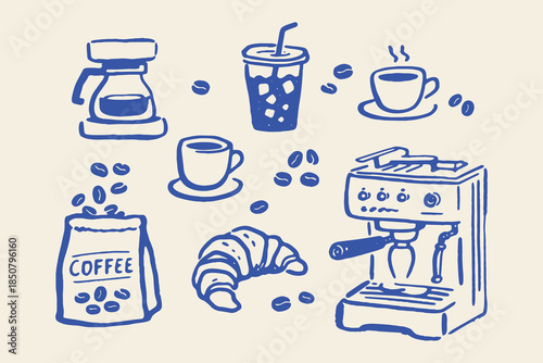 Coffee Set  naive Doodle Outline Icon Vector Illustration