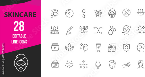 Skincare Line Icons Set of 28 – Beauty, Cosmetic, Face Care, Natural and Dermatology Outline Symbols